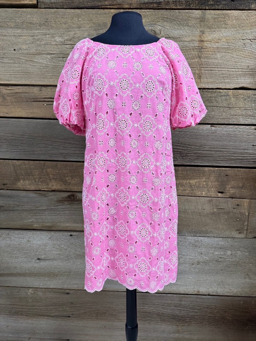 Talbots Puffed sleeve embroidered dress, Pink/white, Size 8